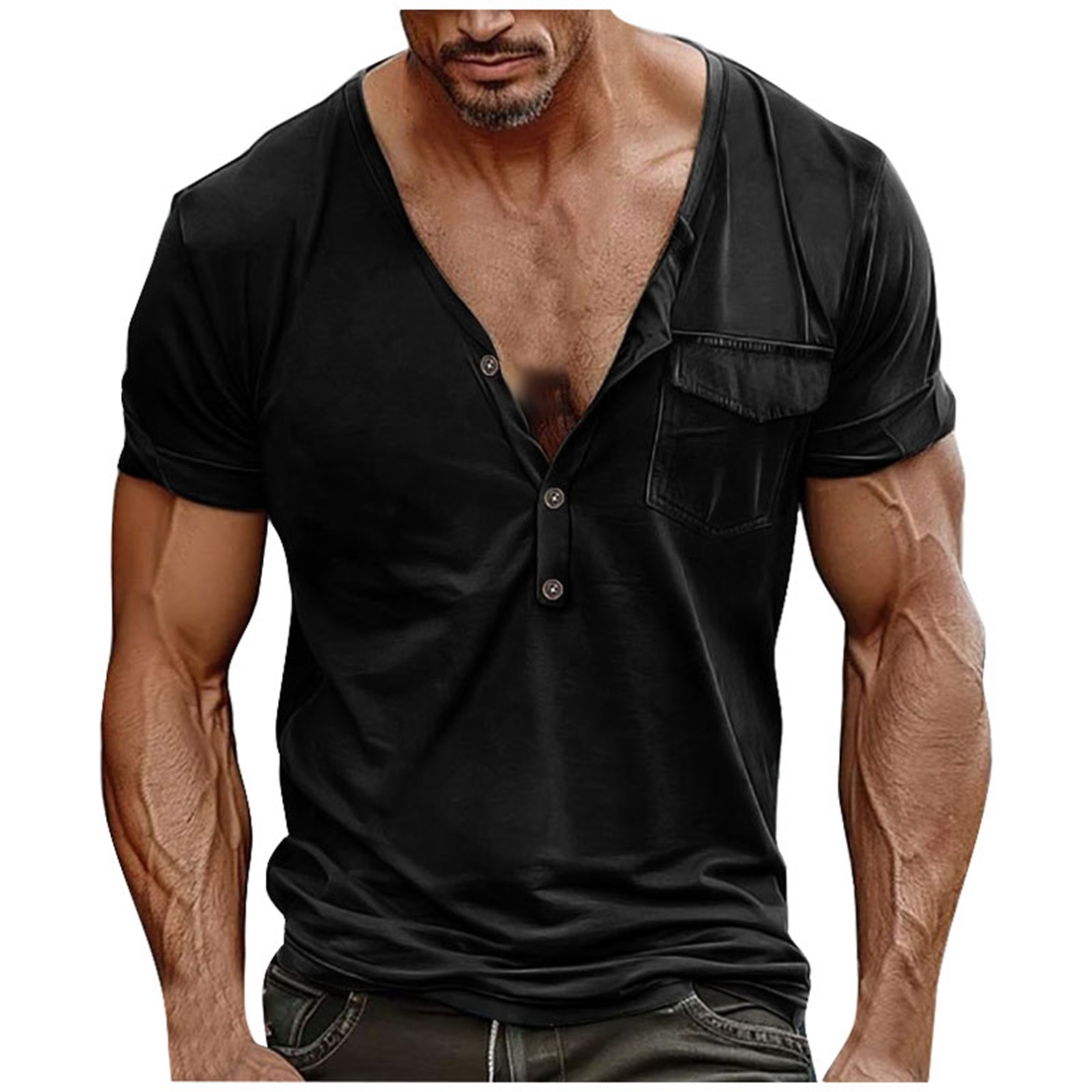 thumbnail image 2 of Camiseta de manga corta con cuello en V y hebilla para hombre, tallas grandes, informal para el verano - Prenda con bolsillo para el trabajo, citas o uso diario, 2 of 7